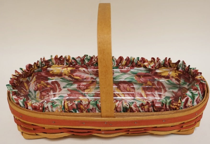 1995 MAY SERIES TULIP BASKET: 1995 MAY SERIES TULIP BASKET WITH LINER AND PROTECTOR, APPROXIMATELY 6 3/4 IN X 14 IN X 3 1/2 IN H