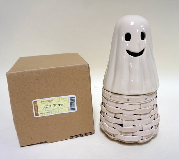 2013 BOO BASKET: 2013 BOO BASKET WITH POTTERY TOP AND BOX, APPROXIMATELY 9 1/2 IN H, NEW