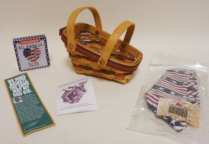 1996 ALL AMERICAN SUMMERTIME BASKET: 1996 ALL AMERICAN SUMMERTIME BASKET WITH LINER, PROTECTOR AND HANG TIE. APPROXIMATELY 5 IN H, NEW