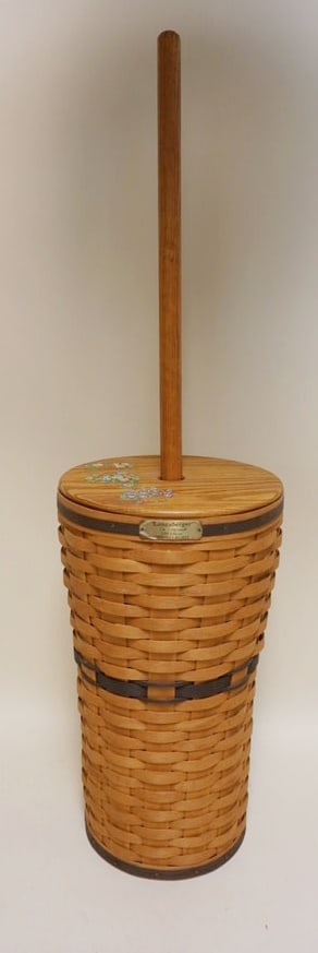 1994 J.W. COLLECTION UMBRELLA BASKET: 1994 J.W. COLLECTION UMBRELLA BASKET WITH A NOT LONGABERGER BUTTER CHURN LID, APPROXIMATELY 10 IN DIAMETER X 17 3/4 IN H. DAMAGE TO 1 SLAT