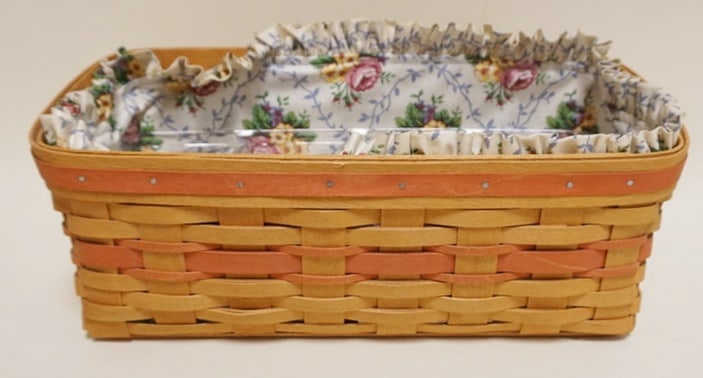 1996 MOTHERS DAY VANITY BASKET: 1996 MOTHER'S DAY VANITY BASKET WITH LINER AND PROTECTOR. APPROXIMATELY 7 1/4 IN X 15 IN X 6 1/2 IN