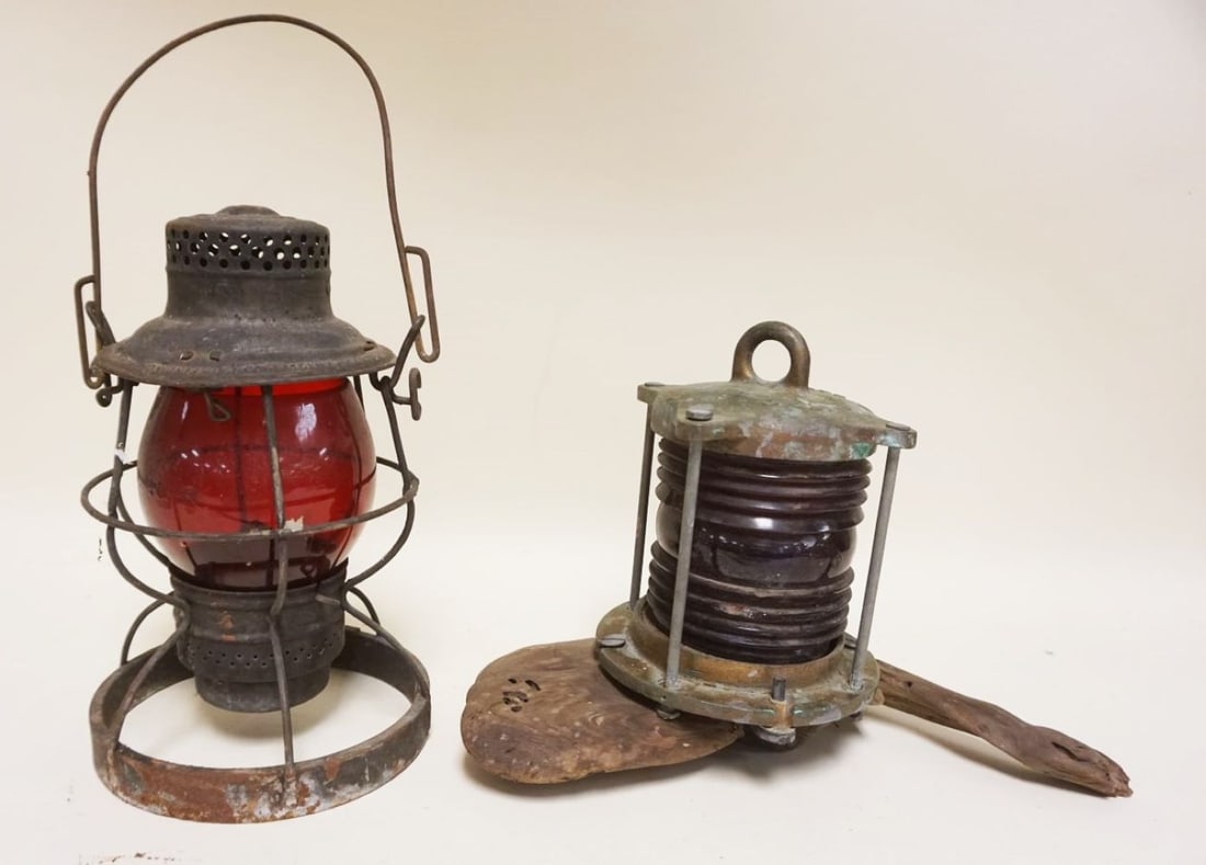 ADLAKE RAILROAD LANTERN & BRASS NAUTICAL LAMP: ADLAKE RAILROAD LANTERN & BRASS NAUTICAL LAMP W/RED GLASS, BOTH HAVE LOSS