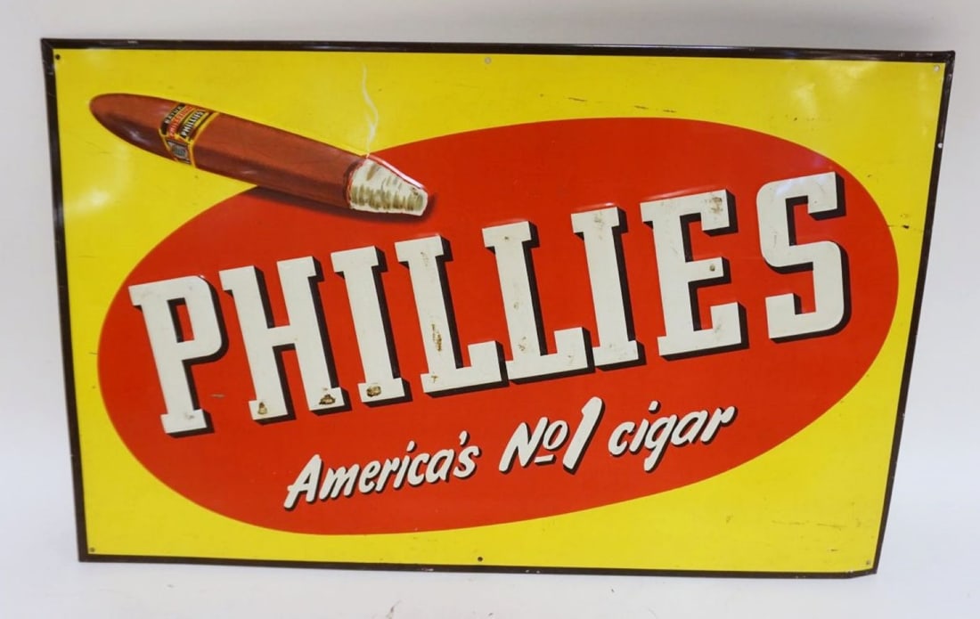 ANTIQUE TIN PHILLIES CIGAR SIGN: ANTIQUE TIN PHILLIES CIGAR SIGN, APPROXIMATELY 13 IN X 20 IN