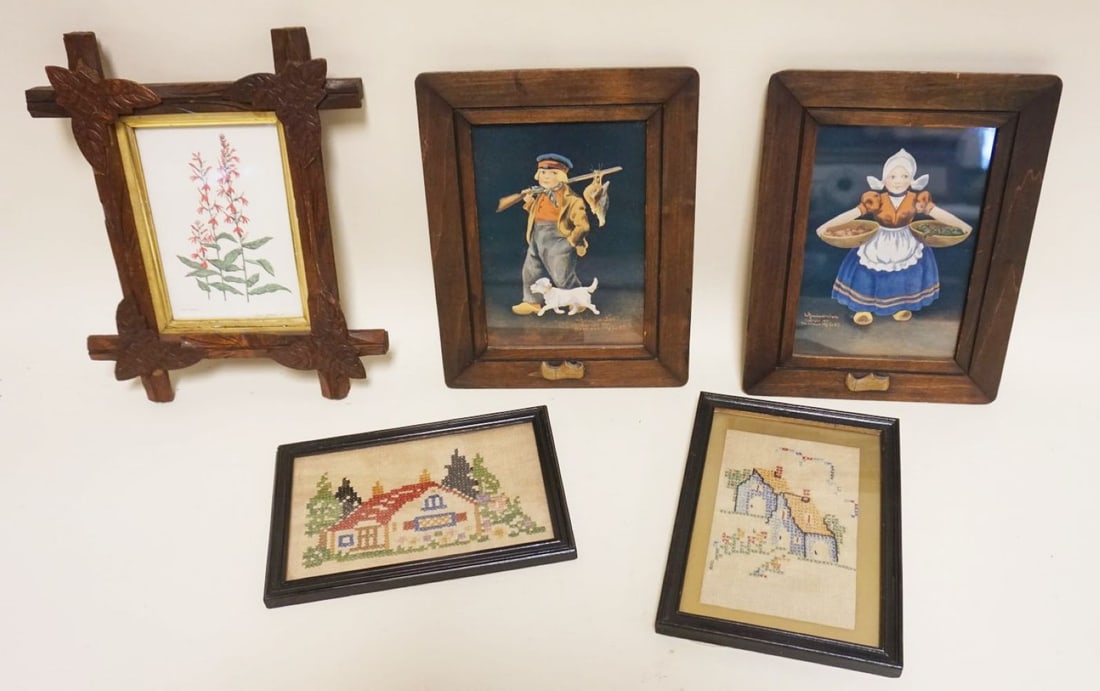 GROUP OF ASSORTED ANTIQUE MINIATURE FRAMES: GROUP OF ASSORTED ANTIQUE MINIATURE FRAMES W/DUTCH THEME & NEEDLEPOINT, LARGEST APPROXIMATELY 11 IN X 9 IN