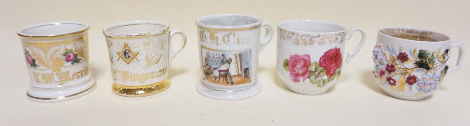 ANTIQUE SHAVING MUGS: ANTIQUE SHAVING MUGS, 5 ASSORTED