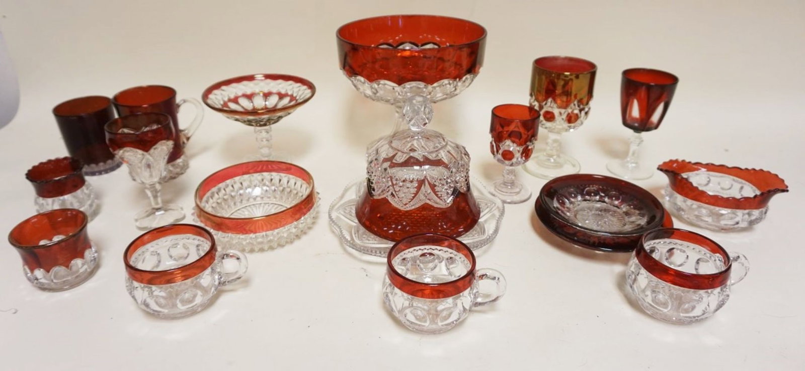 ASSORTED VICTORIAN RUBY FLASH GLASS: LARGE GROUP OF ASSORTED VICTORIAN RUBY FLASH GLASS