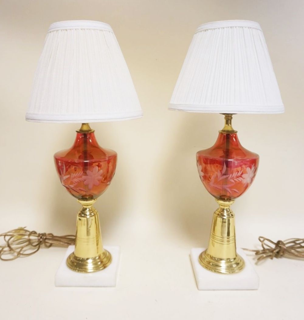 PAIR TABLE LAMPS: PAIR TABLE LAMPS W/CRANBERRY WHEEL CUT FONTS ON BRASS & MARBLE BASE, APPROXIMATELY 19 IN HIGH