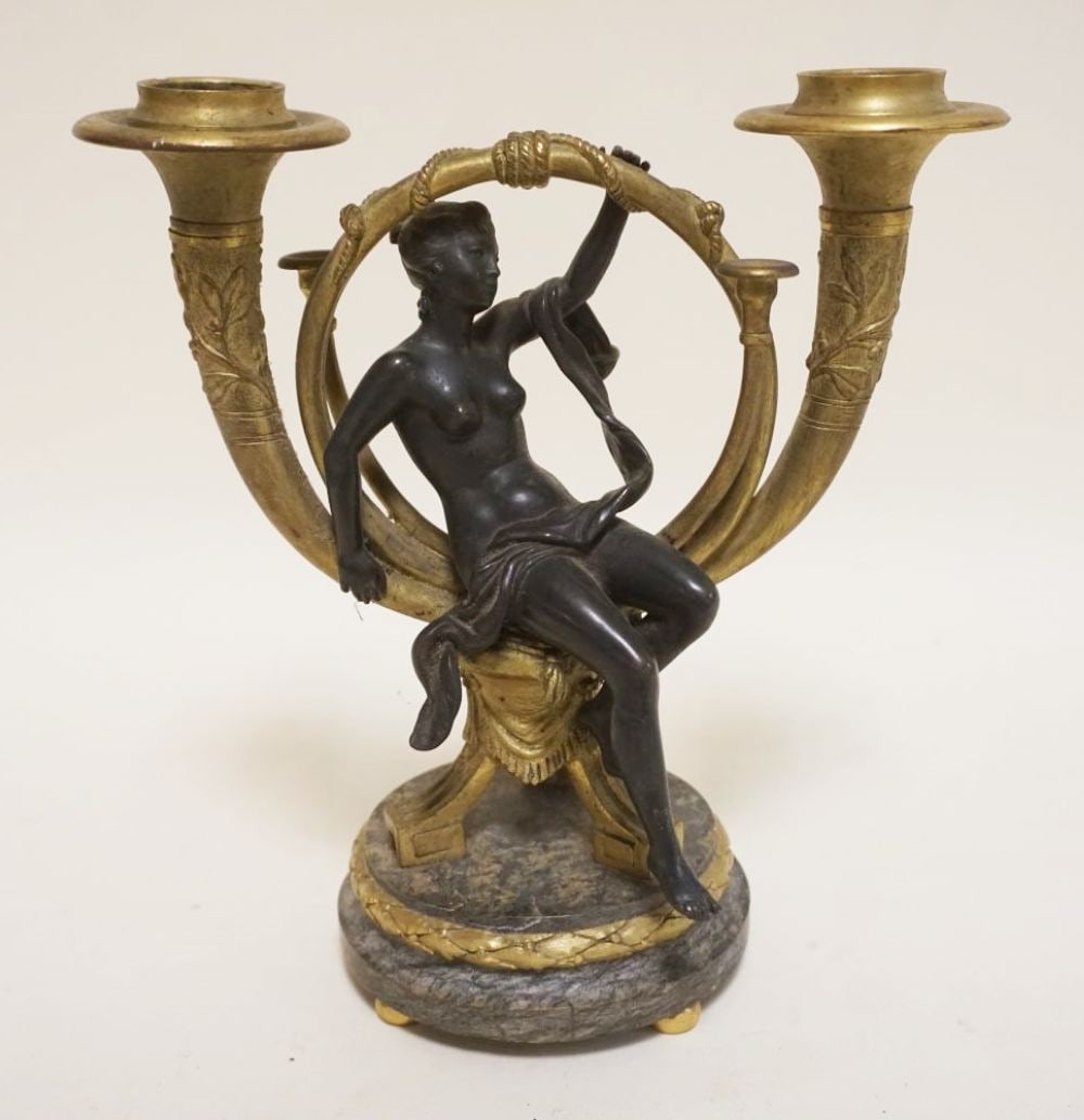 BRONZE NUDE DOUBLE CANDLESTICK: BRONZE NUDE DOUBLE CANDLESTICK ON MARBLE BASE, APPROXIMATELY 8 IN HIGH