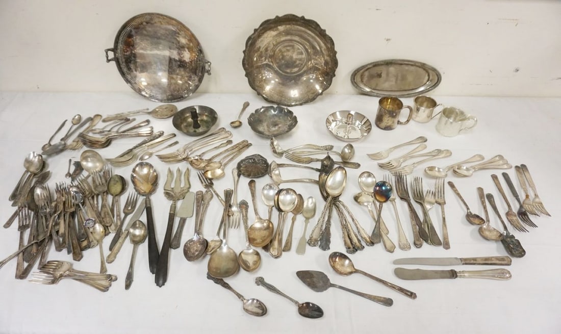 LARGE LOT OF SILVERPLATE FLATWARE & DISHES: LARGE LOT OF SILVERPLATE FLATWARE & DISHES