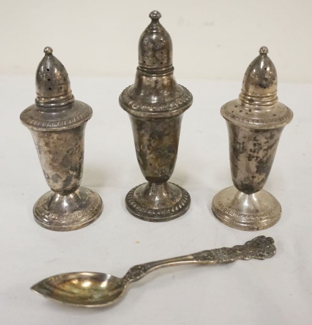STERLING WEIGHTED SALT & PEPPER SHAKERS, ETC: STERLING WEIGHTED SALT & PEPPER SHAKERS & GORHAM STERLING SPOON, SPOON 0.9 OZT