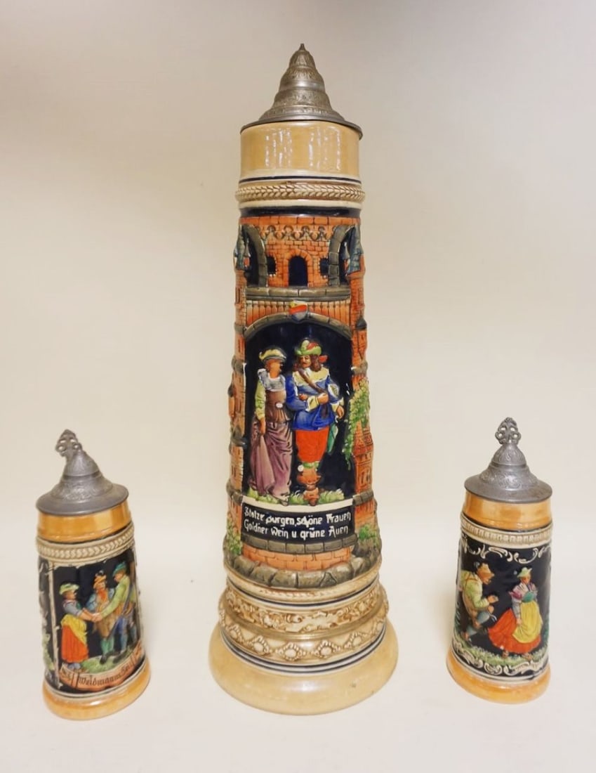 3 GERMAN STEINS W/PEWTER LIDS: 3 GERMAN STEINS W/PEWTER LIDS, TALLEST APPROXIMATELY 22 IN HIGH