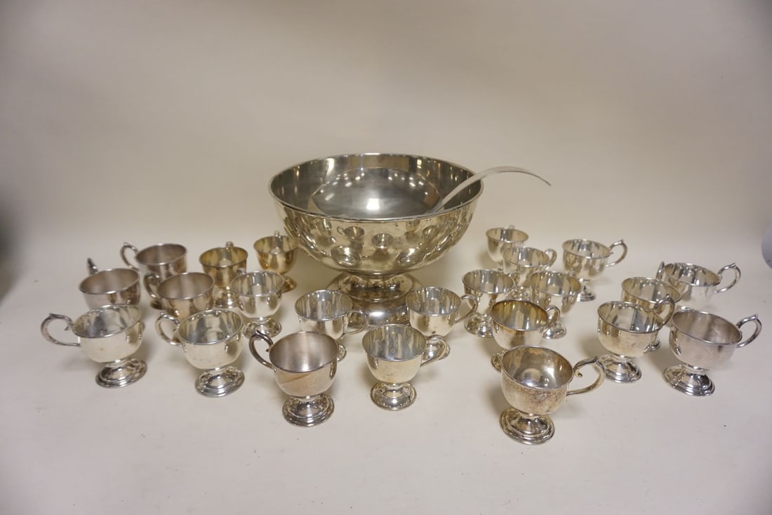 NICKLE SILVER PUNCH BOWL W/2 SETS OF MUGS: NICKLE SILVER PUNCH BOWL W/2 SETS OF MUGS