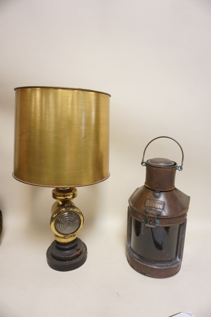 BRASS MOUNTED CARRIAGE LAMP, ETC: BRASS MOUNTED CARRIAGE LAMP ELECTRIFIED & COPPER METEORITE, 17 IN HIGH LANTERN, BURNER MISSING