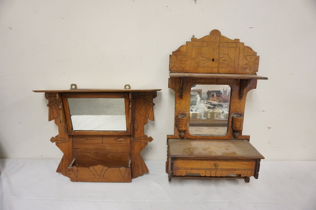 2 ANTIQUE OAK VICTORIAN HANGIN MIRRORS: 2 ANTIQUE OAK VICTORIAN HANGIN MIRRORS W/SHLEF & ONE DRAWER, TALLEST APPROXIMATELY 26 IN HIGH