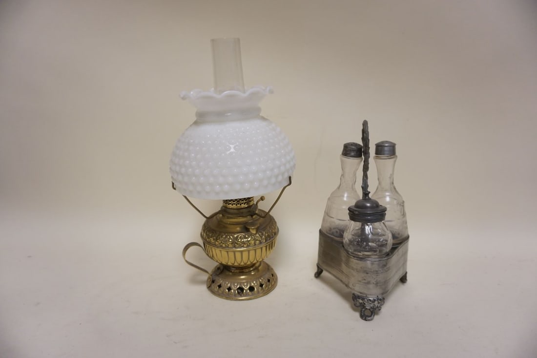 VICTORIAN CONDIMENT SET, ETC: VICTORIAN CONDIMENT SET & BRASS BASED RAYO LAMP, APPROXIMATELY 13 IN HIGH