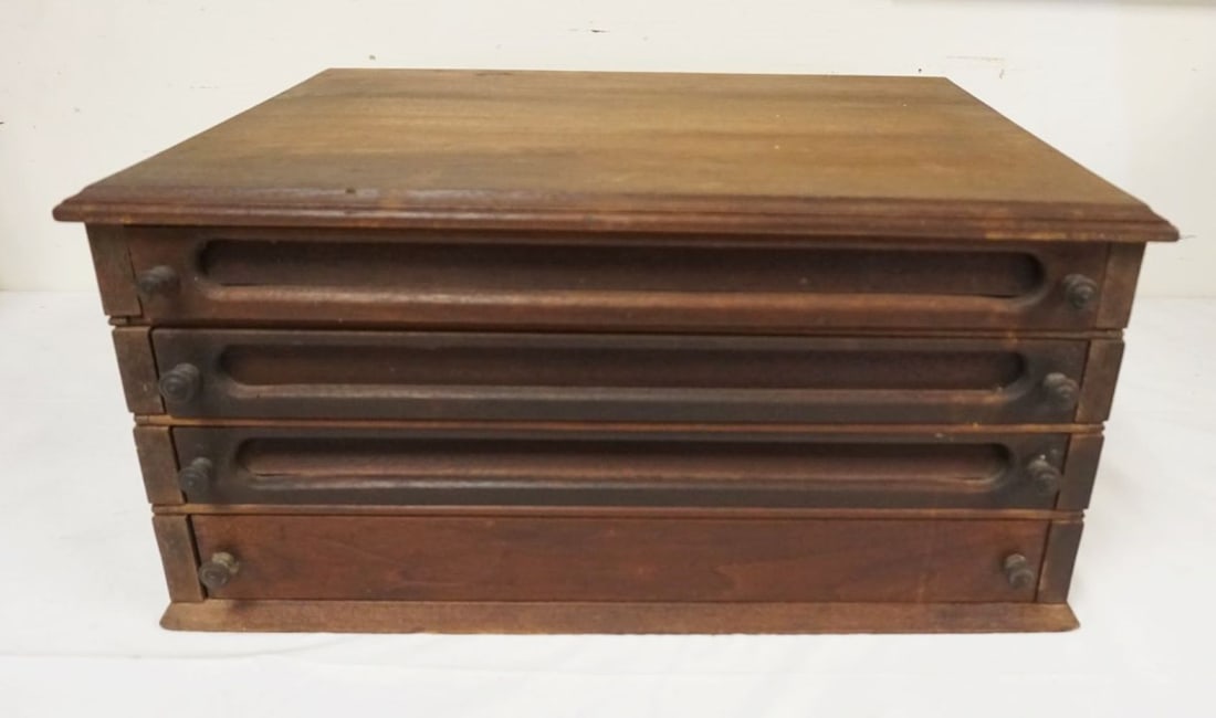 WALNUT VICTORIAN 4 DRAWER SPOOL CABINET: WALNUT VICTORIAN 4 DRAWER SPOOL CABINET, APPROXIMATELY 15 IN X 21 IN X 10 IN HIGH