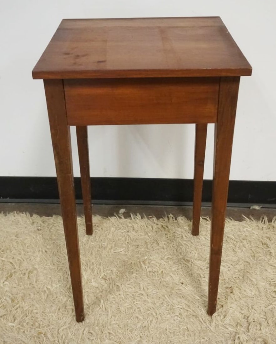 PRIMITIVE MAHOGANY ONE DRAWER STAND: PRIMITIVE MAHOGANY ONE DRAWER STAND, TAPERED LEG, APPROXIMATELY 15 1/2 IN SQUARE X 26 1/2 IN HIGH