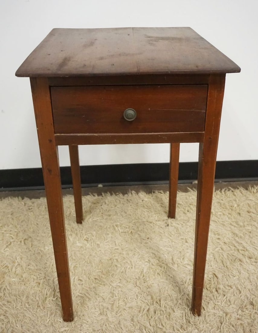 ANTIQUE CHERRY ONE DRAWER STAND: ANTIQUE CHERRY ONE DRAWER STAND W/PIN CONSTRUCTION, APPROXIMATELY 17 IN X 20 IN X 28 IN HIGH
