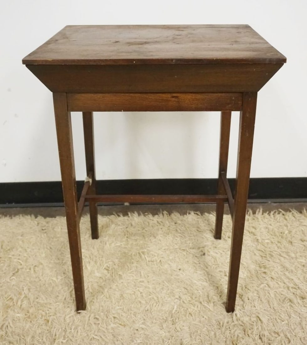 ANTIQUE WALNUT LIFT TOP SEWING STAND: ANTIQUE WALNUT LIFT TOP SEWING STAND, APPROXIMATELY 16 IN X 20 IN X 20 IN HIGH