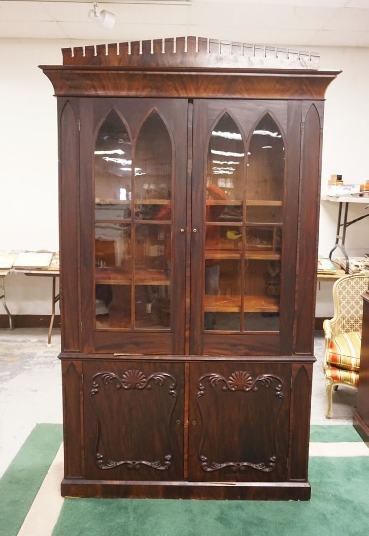 ANTIQUE MAHOGANY GOTHIC STYLE 4 DOOR CABINET: ANTIQUE MAHOGANY GOTHIC STYLE 4 DOOR CABINET, APPROXIMATELY 53 IN X 17 IN X 87 IN HIGH