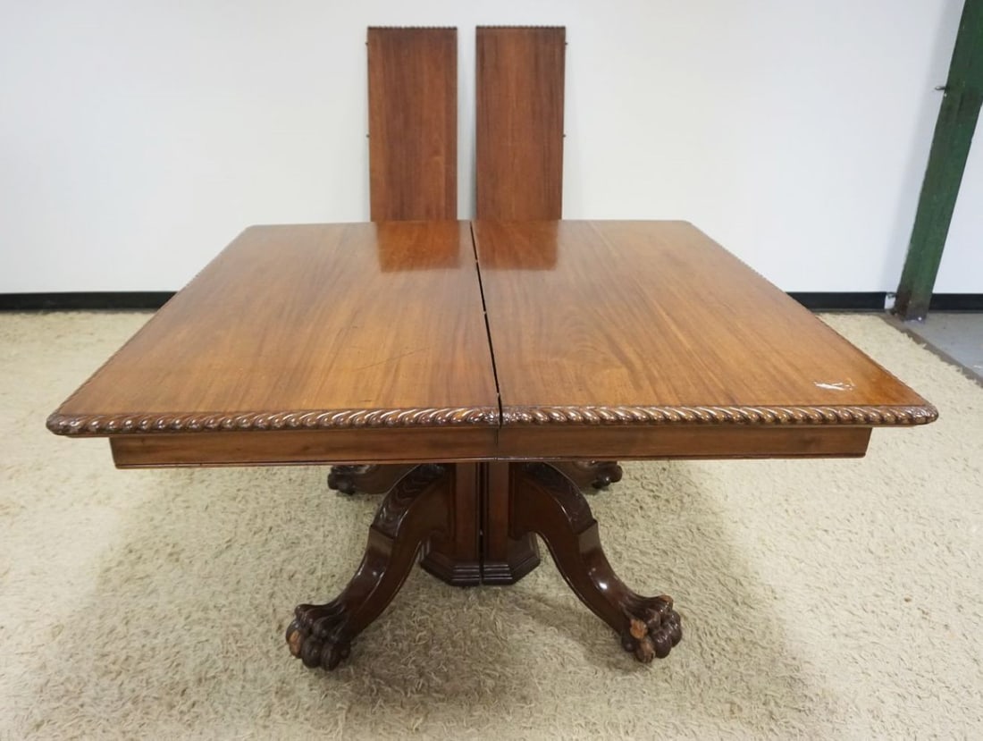 ANTIQUE MAHOGANY SQUARE TABLE: ANTIQUE MAHOGANY SQUARE TABLE W/CLAW FOOT PEDISTAL BASE & 2-16 IN LEAVES, APPROXIMATELY 52 IN SQUARE X 30 IN HIGH