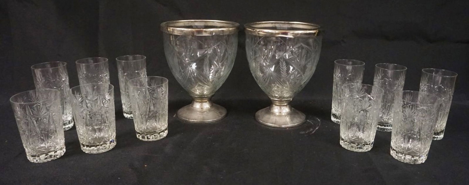 PAIR OF 7 1/4 INCH WHEEL CUT URNS, ETC: PAIR OF 7 1/4 INCH WHEEL CUT URNS W/METAL RIMS & BASES & 11 CUT GLASS GLASSES