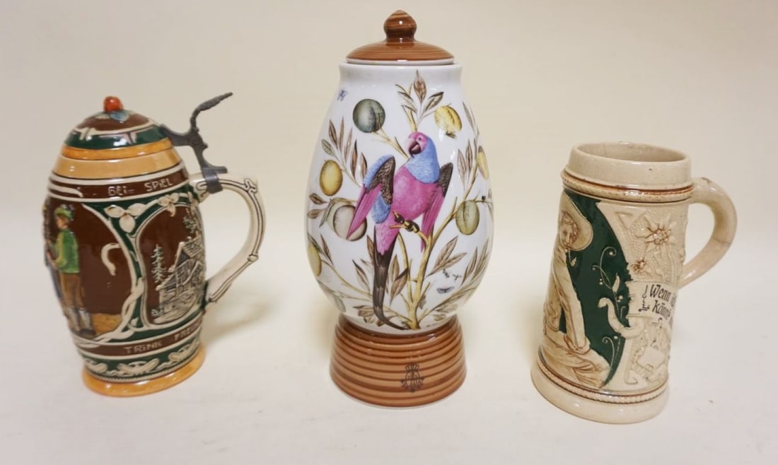 GERMAN PORCELAIN TOBACCO HUMIDOR & STEINS: GERMAN PORCELAIN TOBACCO HUMIDOR & STEINS, TALLEST APPROXIMATELY 10 1/2 IN
