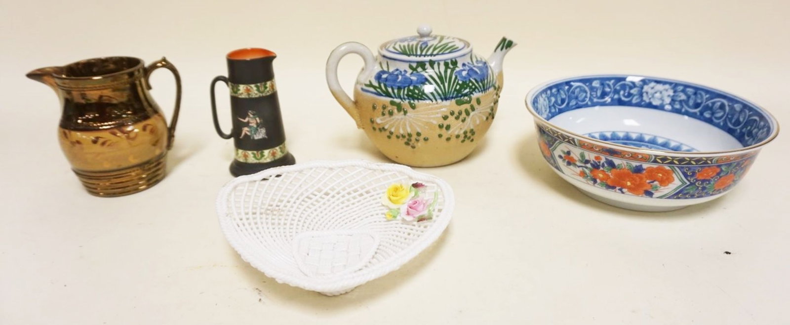 5 PIECE LOT INCLUDING TIFFANY & CO BOWL: 5 PIECE LOT INCLUDING TIFFANY & CO 8 INCH X 3 INCH HIGH BOWL,ASIAN TEAPOT, COPPER LUSTER, ROYAL BAYREUTH MINIATURE PITCHER