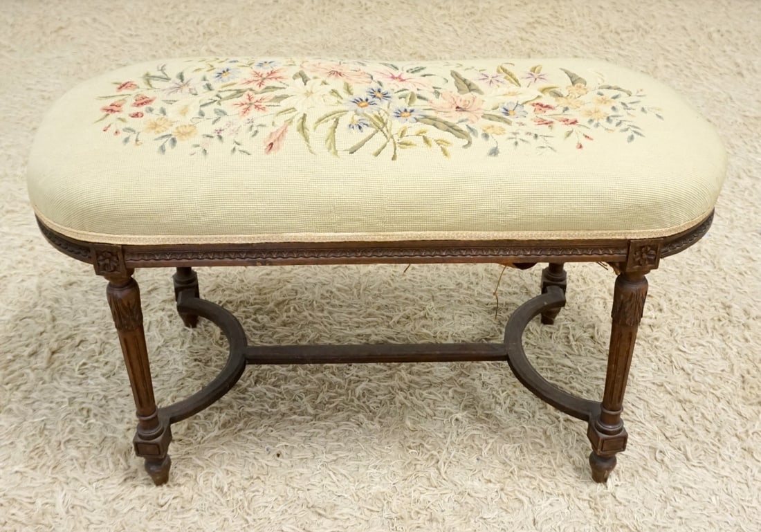 OVAL NEEDLEPOINT UPHOLSTERED BENCH: OVAL NEEDLEPOINT UPHOLSTERED BENCH, NEEDS WEBBING REPAIR, APPROXIMATELY 38 IN X 17 IN X 20 IN