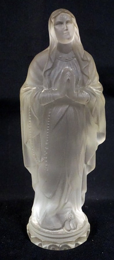 CRYSTAL FROSTED GLASS FIGURE: CRYSTAL FROSTED GLASS FIGURE OF VIRGIN MARY, GROUND AND POLISHED BASE, APPROXIMATELY 11 IN H
