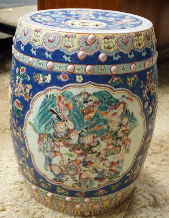AISIAN PORCELAIN GARDEN STOOL: ASIAN PORCELAIN GARDEN STOOL, APPROXIMATELY 13 IN X 18 1/2 IN