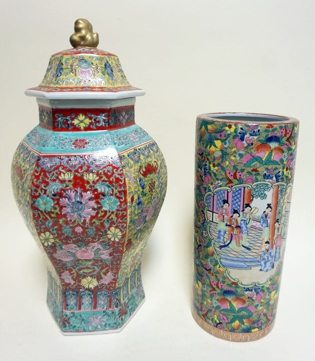 ASIAN POTTERY COVERED URN AND VASE (1 of 3)