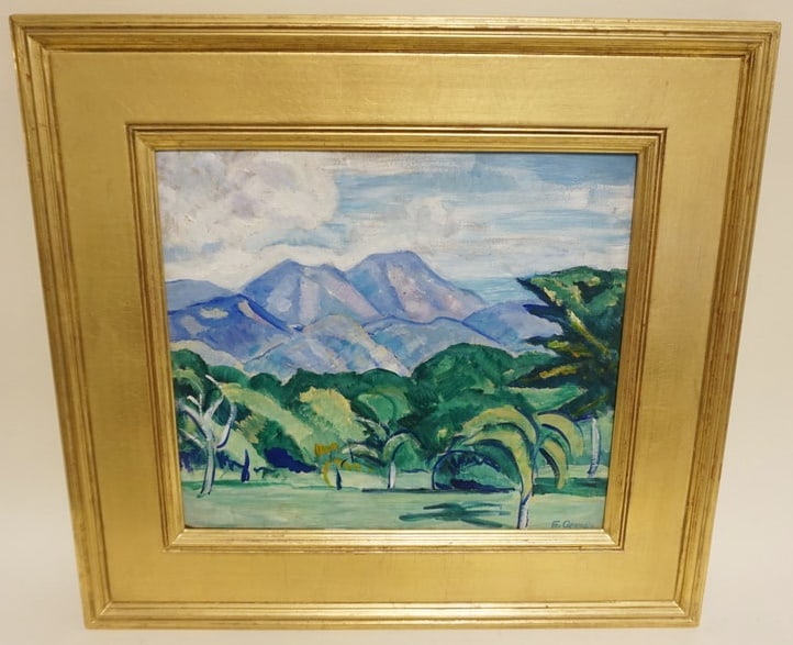 OIL PAINTING ON BOARD ELIZABETH GRANDIN: OIL PAINTING ON BOARD ELIZABETH GRANDIN, LANDSCAPE, ARTIST SIGNED, APPROXIMATELY 23 1/2 IN X 21 3/4 OVERALL