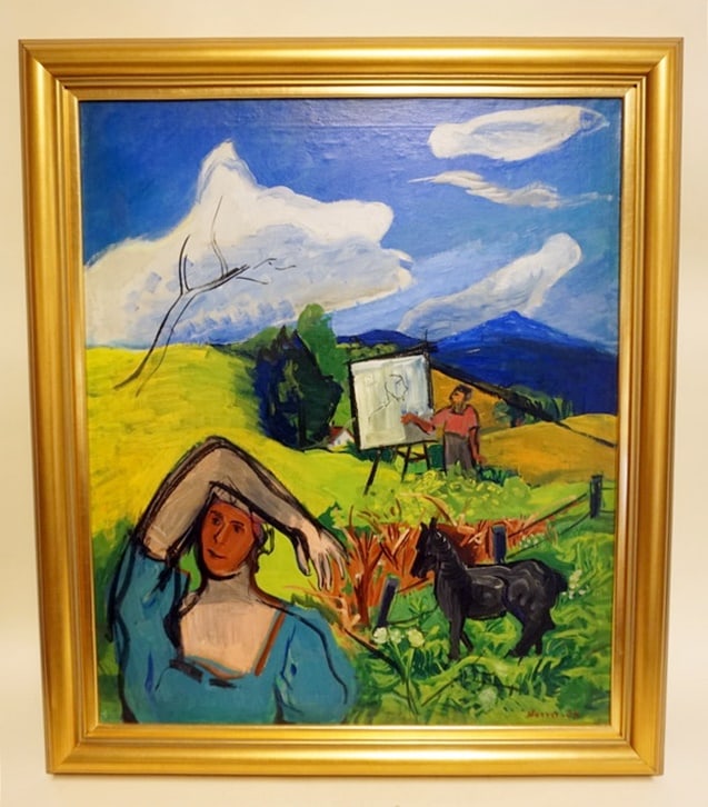 BEN BENN OIL PAINTING ON CANVAS: BE BENN OIL PAINTING ON CANVAS TITLED *ARTIST AND HIS MODEL 1936*, APPROXIMATELY 30 IN X 36 IN OVERALL