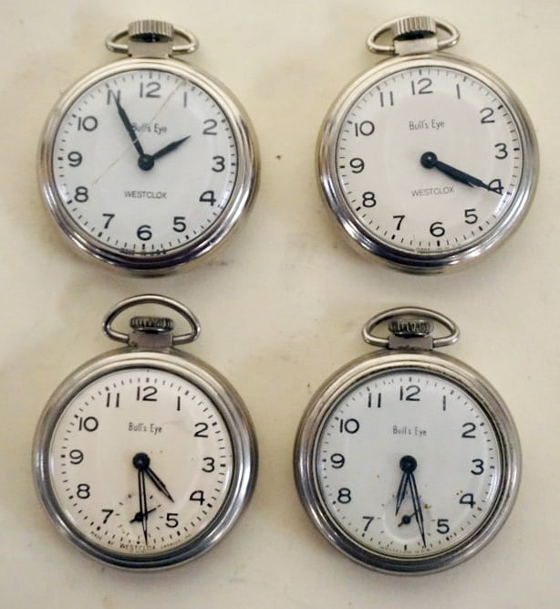 GROUP OF 4 BULLS EYE POCKET WATCHES (1 of 1)