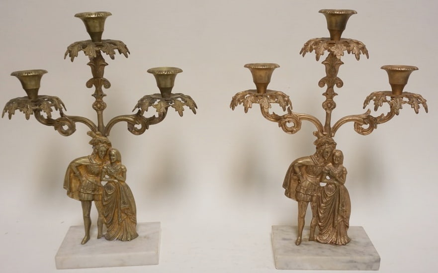 VICTORIAN CAST FIGURAL CANDLELOBRAS MARBLE BASES: VICTORIAN FIGURAL CANDLELOBRAS ON MARBLE BASES, APPROXIMATELY 15 IN H