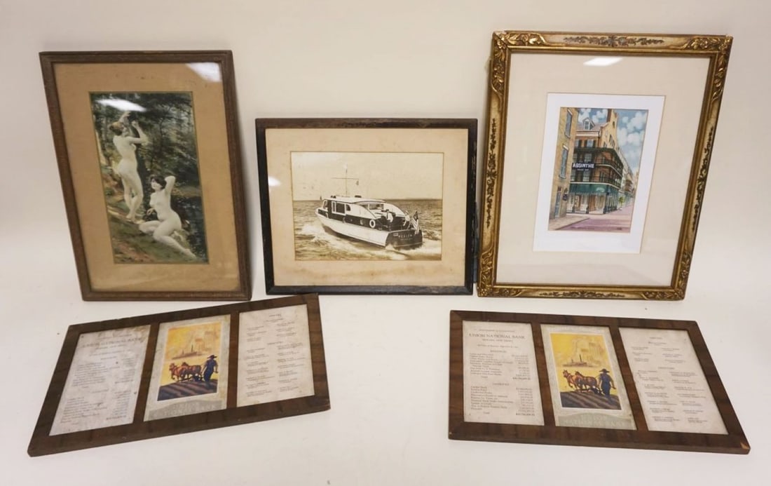 5 ASSORTED FRAMED IMAGES: 5 ASSORTED FRAMED IMAGES INCLUDING 2 NUDE WOMEN CA 1910, LARGEST APPROXIMATELY 13 IN X 16 IN