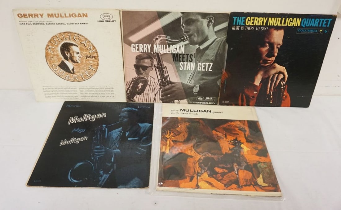 GERRY MULLIGAN 5 LPS: GERRY MULLIGAN 5 LPS, ONE COVER OF MULLIGAN PLAYS IS SPLIT ALL AROUND, ONE RED VINYL, WARPED BAD ON EDGE