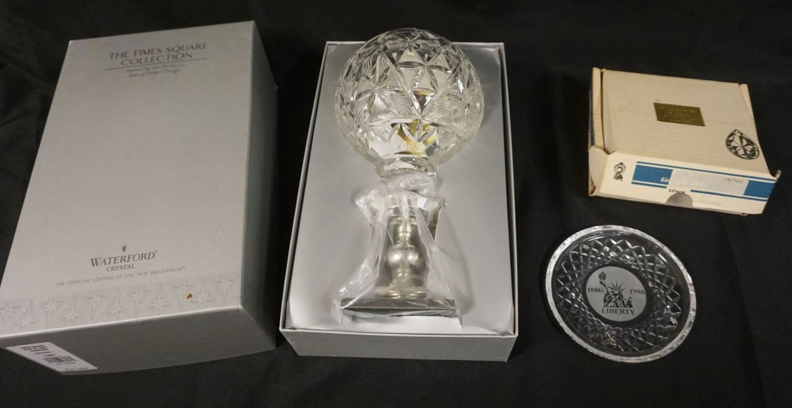 WATERFORD CRYSTAL 2 PIECE GROUP: WATERFORD CRYSTAL 2 PIECE GROUP, TIMES SQUARE STAR OF HOPE HURRICANE & LIBERTY WINE COASTER