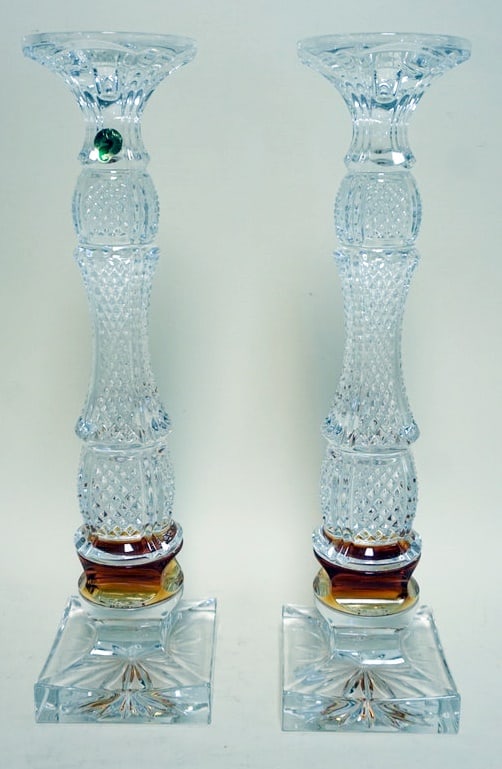 WATERFORD CRYSTAL GOLDEN AGE CANDLESTICKS: WATERFORD CRYSTAL GOLD AGE CANDLESTICKS, APPROXIMATELY 16 1/2 IN H WITH BOXES