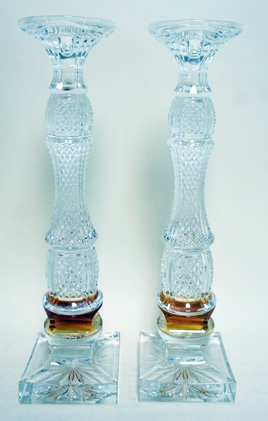 WATERFORD CRYSTAL GOLDEN AGE CANDLESTICKS: WATERFORD CRYSTAL GOLD AGE CANDLESTICKS, APPROXIMATELY 16 1/2 IN H WITH BOXES