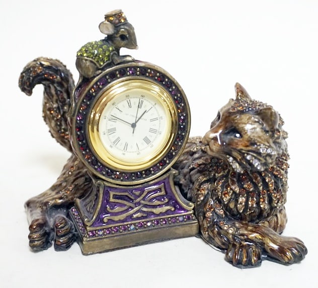 JAY STRONGWATER CAT AND MOUSE CLOCK: JAY STRONGWATER JEWELED AND ENAMEL CAT & MOUSE CLOCK