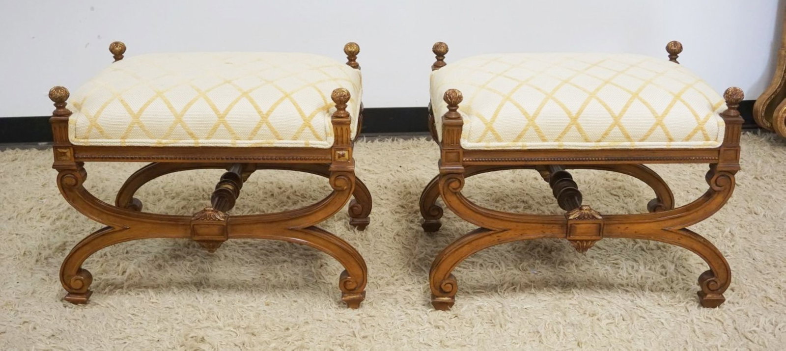 SCHUMACHER FURNISHING NEO CLASSICAL STOOLS: SCHUMACHER FURNISHINGNEO CLASSICAL STOOLS, SOM STAINING ON ONE, EACH APPROXIMATELY 25 IN X 18 IN X 21 IN H
