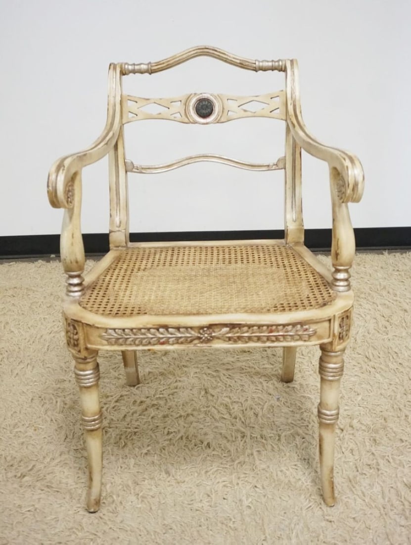FEDERAL STYLE CANE SEAT CHAIR: FEDERAL STYLE CANE SEAT, SCROLLED ARM CHAIR WITH DISTRESSED PAINT FINISH, CANE SEAT IN GOOD CONDITION
