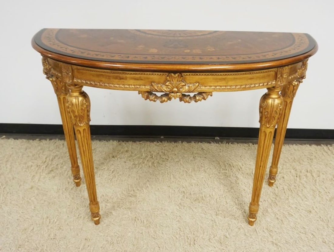 HOUSE OF RHO ITALAIN DEMILUNE CONSOLE TABLE: OUTSTANDING HOUSE OF RHO ITALIAN INLAID AND GILT FINISHED DEMILUNE CONSOLE TABLE, APPROXIMATELY 54 IN X 21 IN X 38 IN H