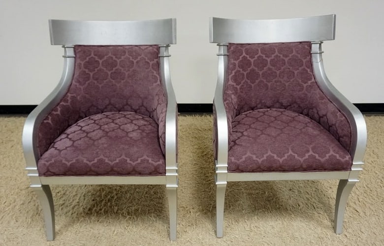 PR OF UPHOLSTERED FAIRFEILD CHAIR CO CHAIRS: PAIR OF UPHOLSTERED FAIRFEILD CHAIR CO., ARM CHAIRS, 1 CHAIR HAS SPLIT ARM