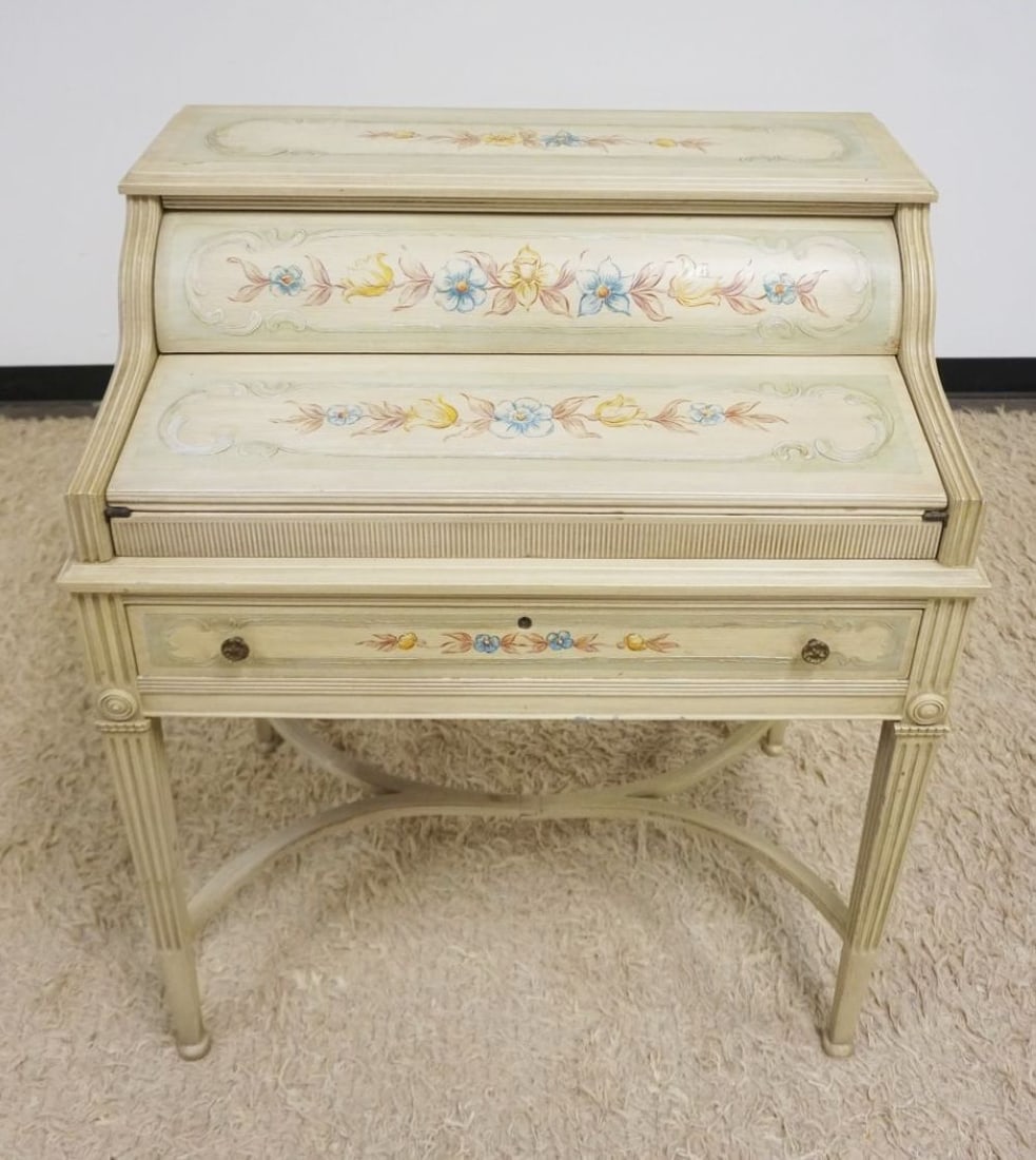 VENETIAN PAINTED CYLINDER DESK: VENETIAN PAINTED CYLINDER LADYS WRITING DSK WITH DRAWER CYLINDER MECHANISM MADE BY JEWEL SAFETY DESK, APPROXIMATELY 32 IN X 21 IN X 40 IN H