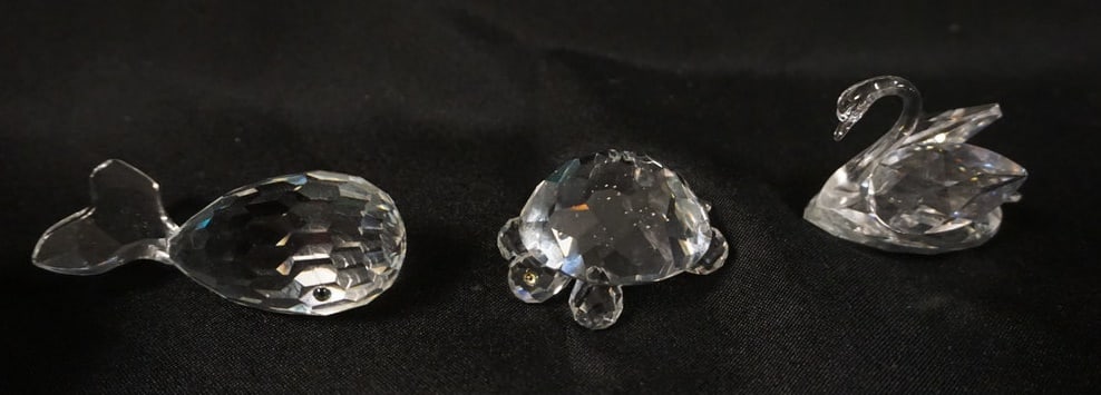 SWAROVSKI CRYSTAL FIGURINES: SWAROVSKI CRYSTAL FIGURINES TURTLE, SWAN, & WHALE, LARGEST APPROXIMATELY 2 IN HIGH