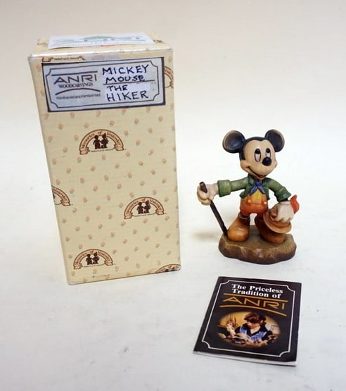 ANRI WOOD CARVING MICKEY MOUSE: ANRI WOOD CARVING MICKEY MOUSE THE HIKER, APPROXIMATELY 4 1/4 IN HIGH