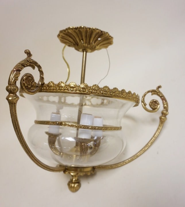 BRASS & GLASS HANGING FIXTURE: BRASS & GLASS HANGING FIXTURE, APPROXIMATELY 14 IN HIGH